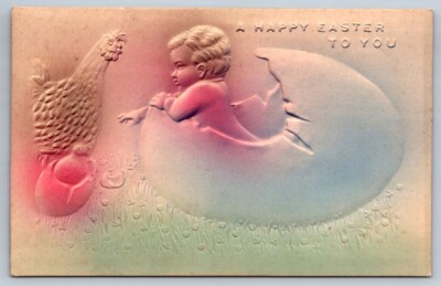 A Happy Easter To You, Boy & Chick Hatching, Embossed Airbrushed Postcard
