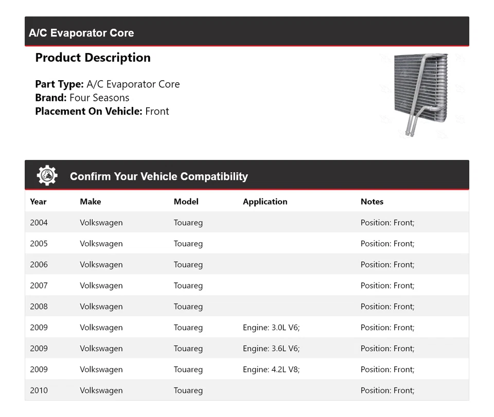 Núcleo evaporador delantero para Volkswagen Touareg 2004-2010 4 estaciones 2005 2006 Foto 2 de 4