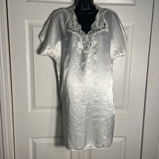 Vintage Wendy Ann Nightgown Women S Beige Satin Lace Short Sleeve 90s Whimsical