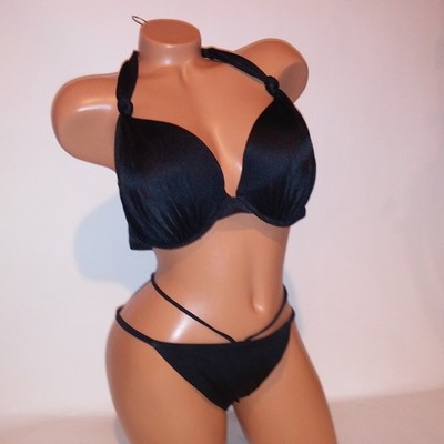 Victoria Secret Swim Bikini 34DDD Top Medium Cheeky Bottom Black Strappy Push Up