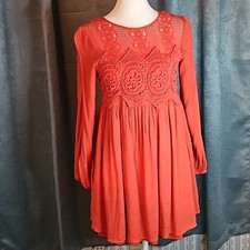 🧡HP! Jolt Women's Size Small Orange Boho Long Sleeve Mini Dress With Lace - EUC