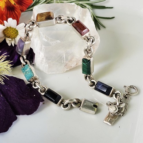 Bracelet Vintage Argent 925 Pierres Amazonite Jaspe Mexico Moderniste L 20 Cm - 第 1/16 張圖片