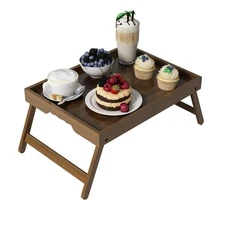 Bed Tray Table Folding Legs with Handles Groove Breakfast Food Tray for Sofa,...