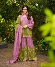 Unique Designer Multi Color Chinon Silk Kurta Palazzo With Dupatta For Women