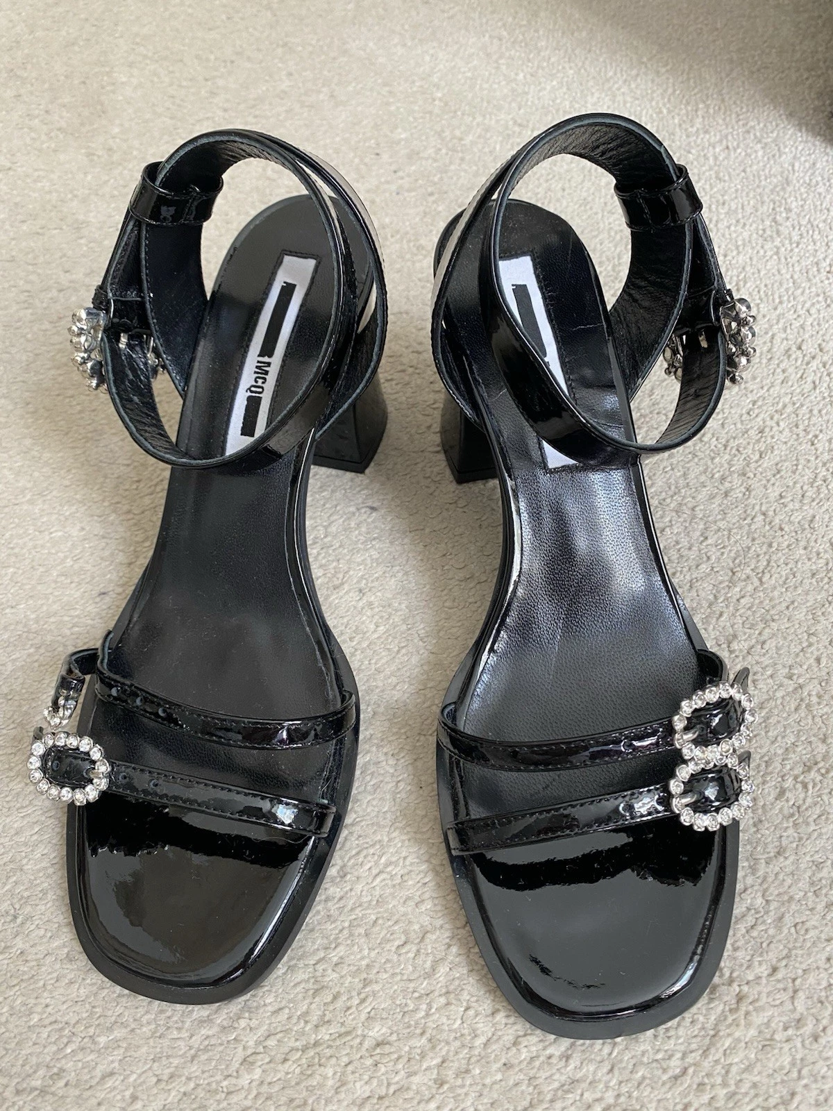 Sandali Alexander McQueen McQ neri impreziositi tacco a blocco UK40 da riparare NUOVI