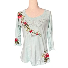 Johnny Was Embroidered 3/4 Sleeve Top Womens L Floral Boho Romantic Scoop Neck
