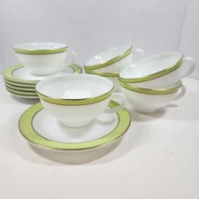 Vintage Pyrex Lime Green & Gold Band - Tea Cups & Saucers - By The Piece