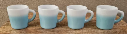HAZEL ATLAS turquoise BLUE ombre FADE MUG vintage MILK GLASS Set Of 4 ! 