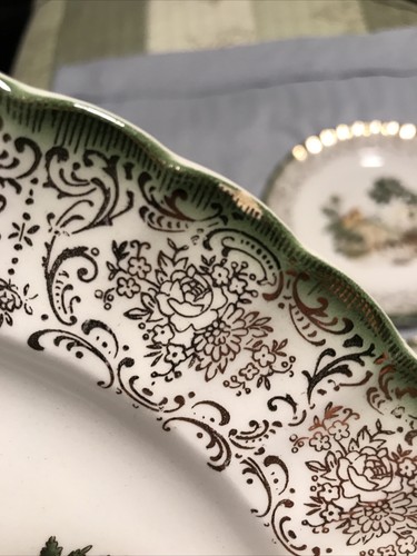 4 American Limoges Chateau France- Mandarin Green Cabinet Dinner Plate 22K Gold - Picture 6 of 10