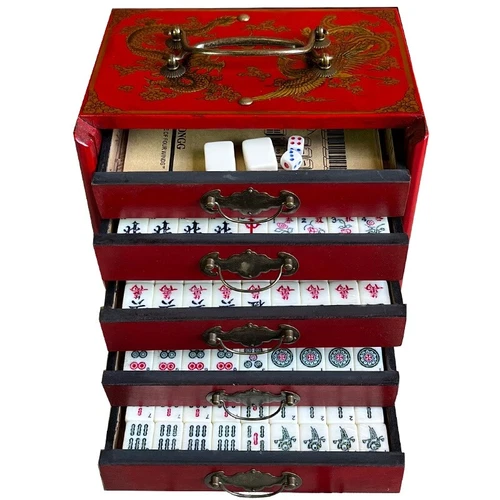 Portable Vintage Mahjong 144 Tiles Game Mah-Jong set In wood 5 drawer draw Box