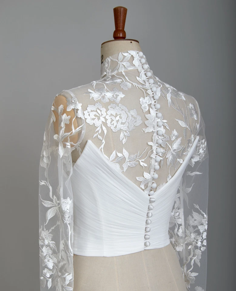 Wedding Floral Wraps Jacket Long Sleeves Applique High Collar Bridal Boleros - Image 2 of 4