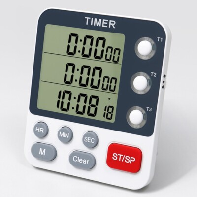 Digital Kitchen Timer with 3 Channels Big Digits Loud Alarm Magnetic Backing