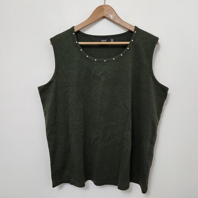 RAFAELLA Women's Green Round Neck Gold Beads Sleeveless Blouse Top Size 2X