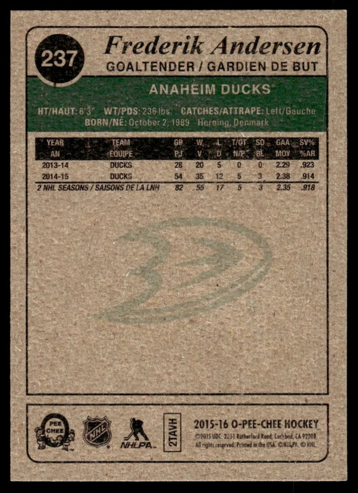2015-16 O-Pee-Chee Retro Frederik Andersen Anaheim Ducks #237 - Image 2 of 2