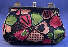 Vintage Isabella Fiore Floral Print Beaded Black Leather Trim 1990 Handbag Purse