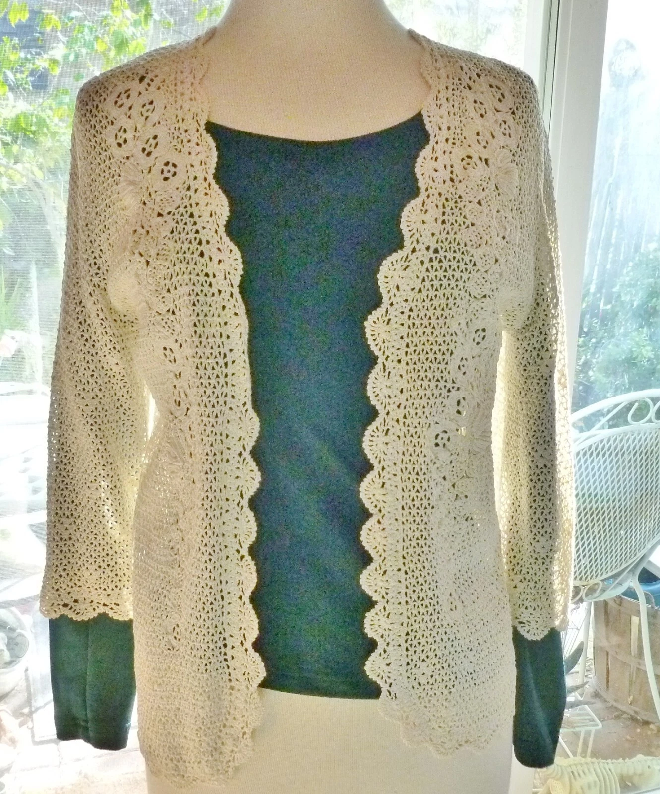 OFF WHITE Vintage Antico? GIACCA APERTA FINEMENTE LAVORATA A MANO ALL'UNCINETTO bianco sporco maniche a 3 4 ex