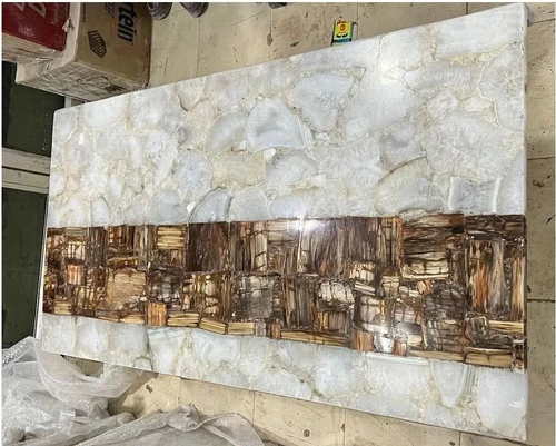 8'x4' Bezaubernde Weiß Achat & Versteinertes Holz Esstisch Modern Home Möbel - Bild 3 von 6