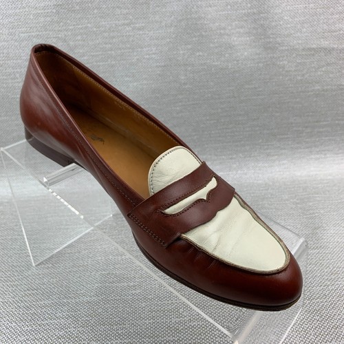 Ralph Lauren Penny Loafers Brown/White Leather Almond Toe Flat Shoes Size 9AA - Picture 2 of 13