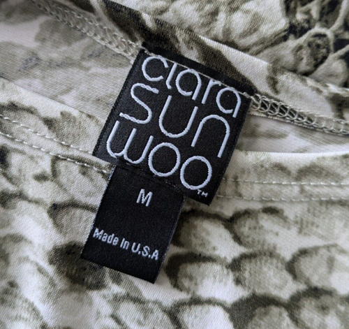 Clara Sun Woo Snake Print Olive Green 3/4 Sleeve Slinky Top Size Medium USA Made - Picture 3 of 5