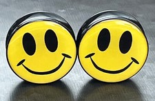 PAIR Smiley Face Plugs Logo Double Flare Saddle Earlets Earrings Guages Gauges