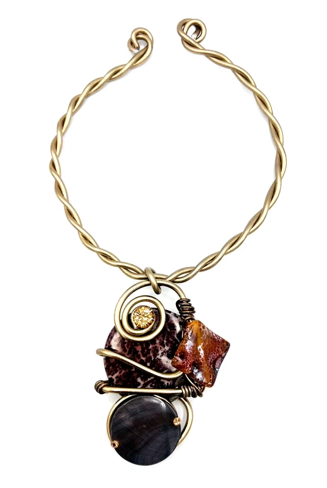 Collar Gargantilla Alambre Dorado Cristal Swarovski Piedras Preciosas Jeff Lieb Firmado Artesanalmente Foto 2 de 4