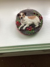 NEEDLE FELT BROOCH JACK RUSSELL DOG LYING DOWN IN POPPY FIELD