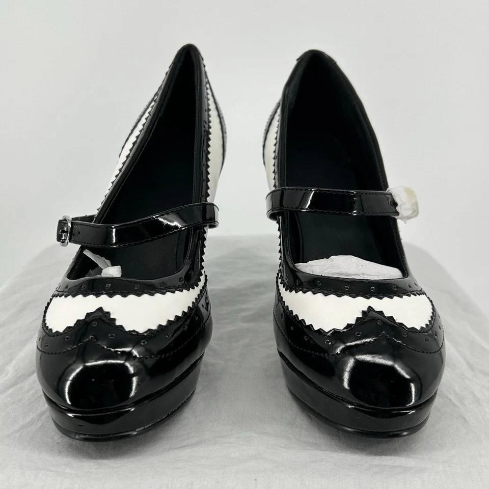 NEW Women's Black White Flapper Maid Halloween Mary Jane Buckle Heel Pumps 7/8M - Image 2 of 4