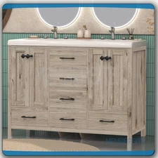 Grey Bathroom Vanity 47.3" Vanity Top w/Double Sink Ceramic &Drawer Freestanding
