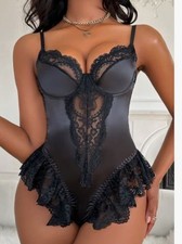 Vtg Style Frilly Lace  2nd Skin Satin Teddy Bodysuit Sissy Black Lingerie L