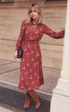 Sezane Floral Midi Dress Red Rust 100% Viscose Long Sleeve Size US 4 Fit & Flare