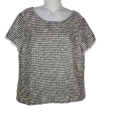 Talbots Womens Top Size 16 Tweed Silver Black Metallic Fringe Sleeve Textured