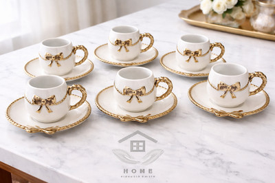 Atemberaubendes türkisches Teeservice 6 Tassen & Untertassen Weißgold Schleife Geschenk