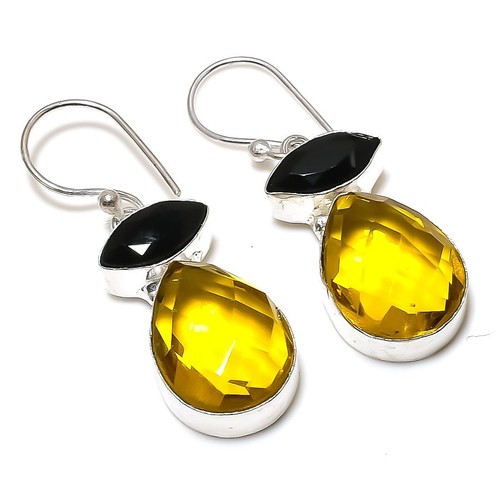 Boucles D'oreilles Goutte Citrin Jaune Et Agate Blanche - Argent 925, Fermoir Monachella, Neuf Sans Emballage