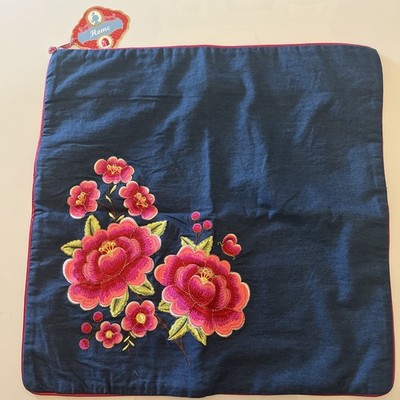 Pip Studio Embroidered Denim Zippered Pillow Cover With Silk Quilted Back