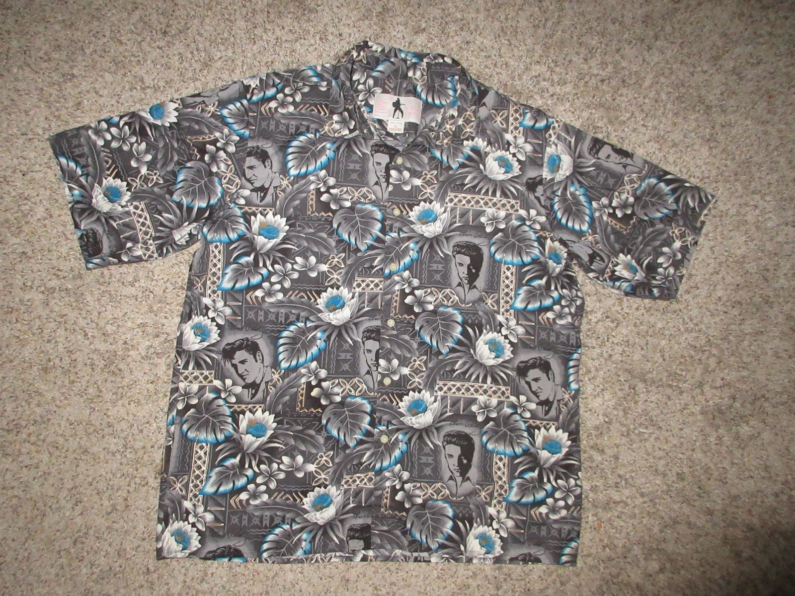 Vintage Elvis Presley Hawaiian Shirt MEN LARGE Gray Floral by Reyn Spooner
