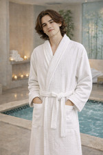 Luxury Cotton Waffle Bathrobe, Unisex Knee Length Spa, Hotel Robe, White
