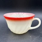Vintage Fire King Oven Glass White w Red Milk Glass Ribbed Swirl Tea/Coffee Cups