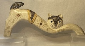 Figure, Cat, Made Of Wood In A Stretching Pose. Unmarked