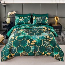 Emerald Green Printed Marble Comforter Set Queen, 7Pcs Geometric Hexagon Theme
