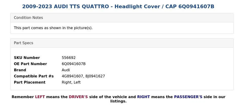AUDI TTS QUATTRO 2009-2023 - Cubierta de faros / tapa 6Q0941607B Foto 4 de 4