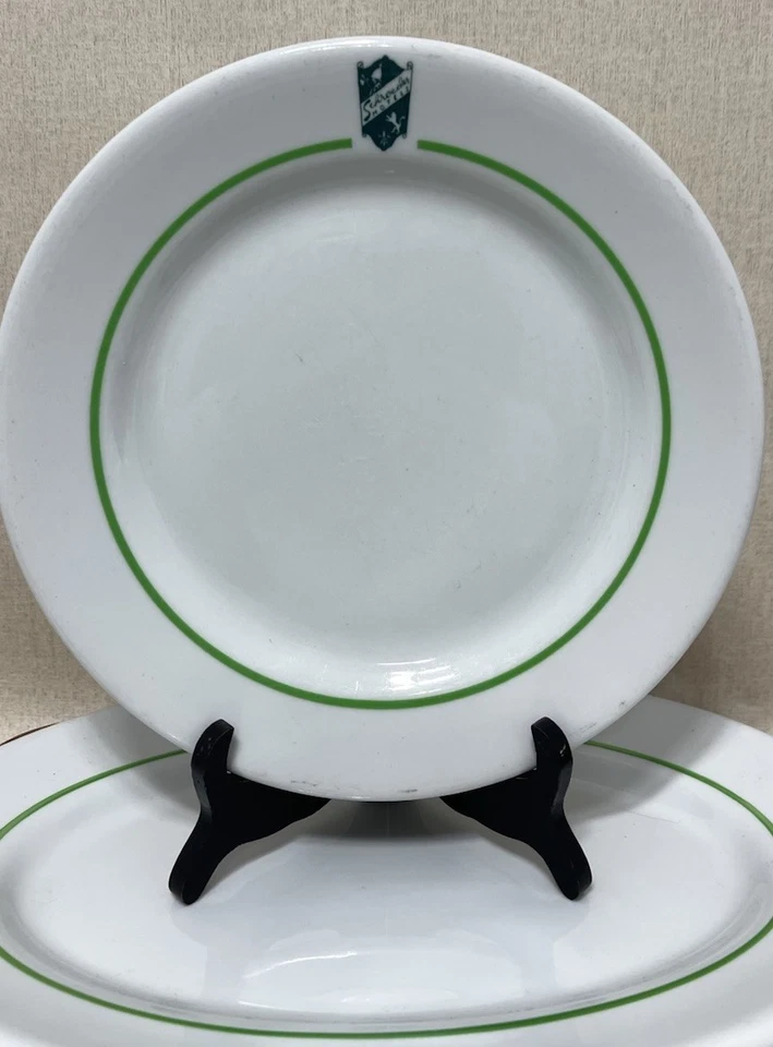 Juego de 2 platos vintage Schroeder Hotels logotipo a rayas verdes Shenango China Foto 2 de 4
