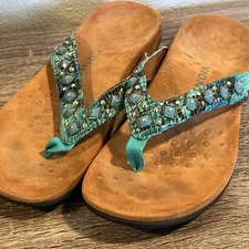 Vionic Womens Floriana Teal Snake Leather Turquoise Sandals Flip Flops Size 9