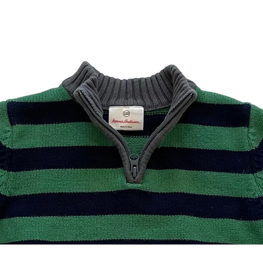 Hanna Andersson 110 Boys 4-5 Navy Green Striped Cotton 1/4 Zip Sweater - Image 2 of 4