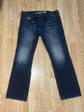 Helix Jeans Mens 36x32 Whiskered Blue Dark Wash Straight Leg Slim Boot Cut Y2K