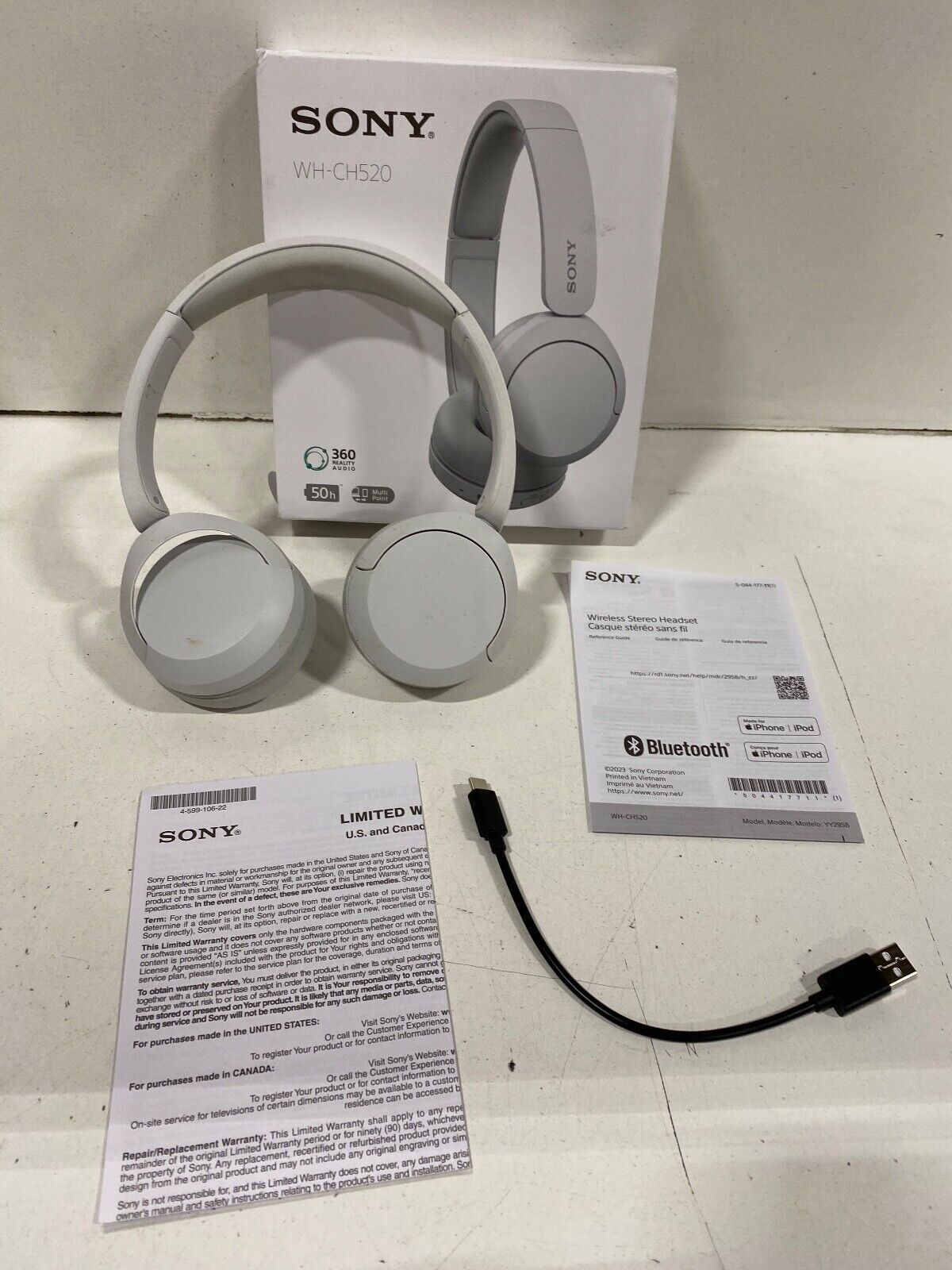 NEW Sony WH-CH520 Wireless Headphones Bluetooth On-Ear w/ Microphone White