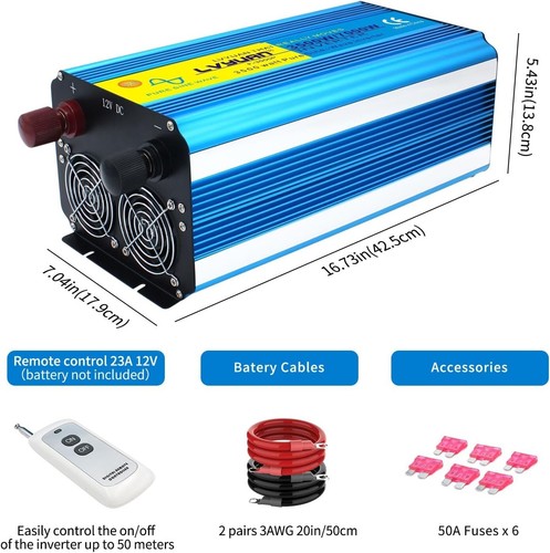 Portable 3500W Pure Sine Wave Inverter - 4 AC Outlets & Wireless Remote Included - Picture 7 of 9