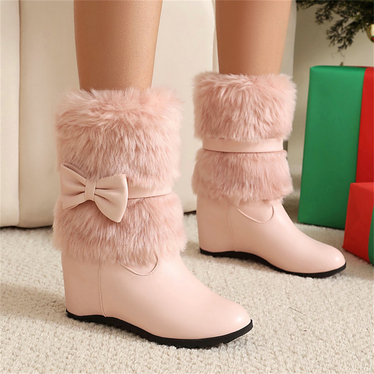 With Fur Women's Winter Boots With Wedge Heel Suede Leather