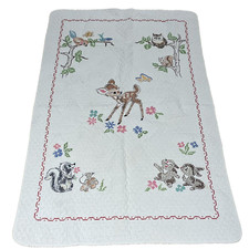 Vintage Bambi Cross Stitch Crib Quilt Handmade Thumper Flower Baby 33 x 52 Inch