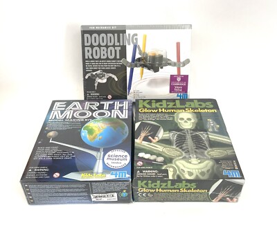 Lot of 3 Kids Science Kits: Doodling Robot, Glow Skeleton, Eart Moon Model