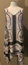 GNW L Black Print Boho Lace Back V Neck Dress W Handkerchief Hem